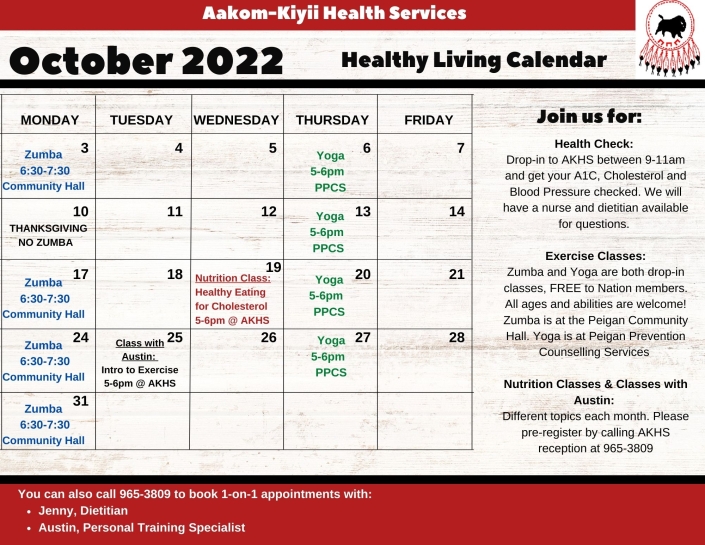 Healthy Living Calendar October 2022 AakomKiyii Health Services